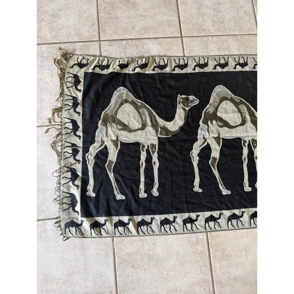 Woven Camel Tapestry Wall Hanging Desert Motif Fringe Textile Black Tan Cashmere